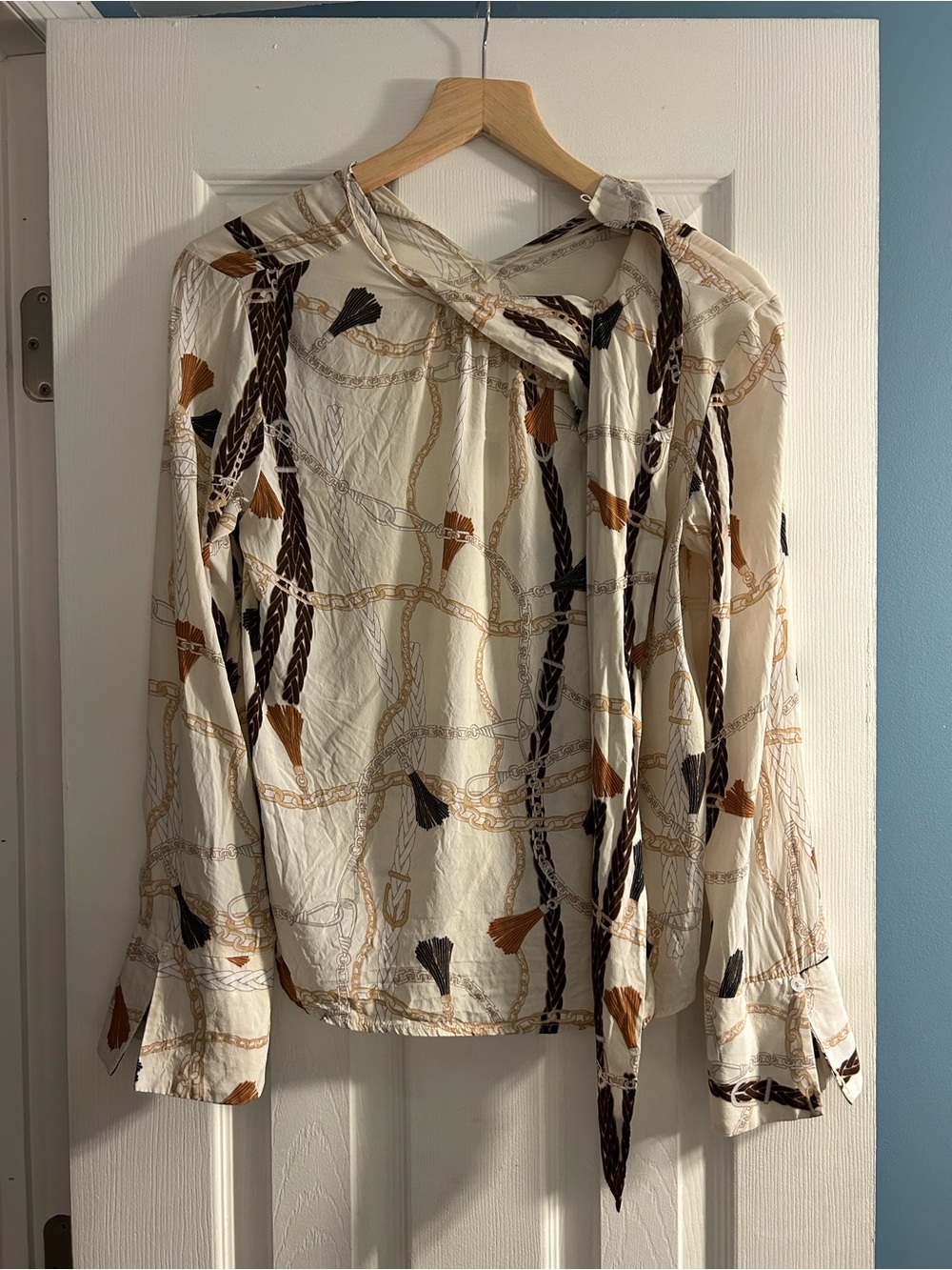 Nine West Cream Chain & Tassel Tie-Neck Blouse